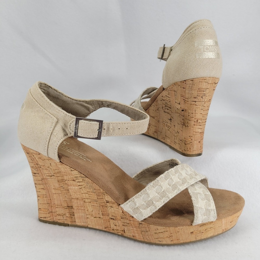 Toms Women Sz 9.5 Natural Woven Cork Platform Wedge Sandal Open Toe Strappy Shoe